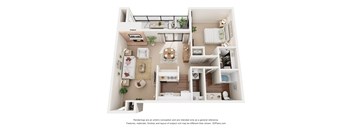A 3D floor plan of a house with labeled rooms.