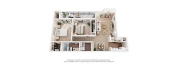 A 3D floor plan of a house with a kitchen, living room, and bathroom.