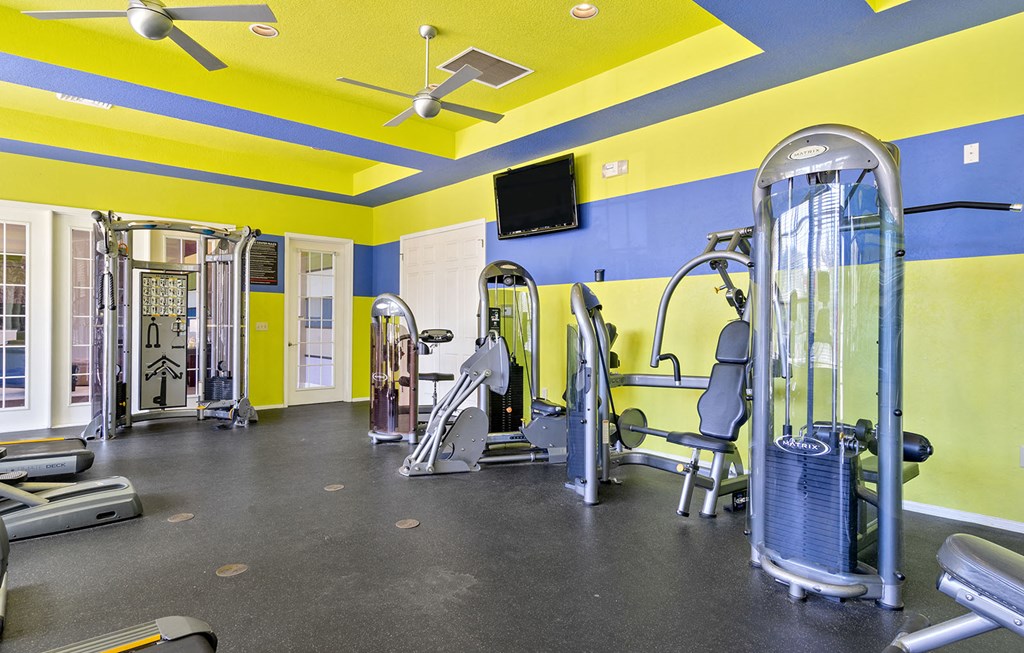 a gym with weights and cardio equipment and a tv at Bella Vista on Park, Plant City