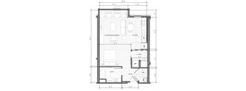 a floor plan of a studio apartment at The Merc, Waltham