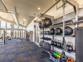 free weights and medicine balls in fitness center  at Lumina at Spanish Springs, Sparks, Nevada