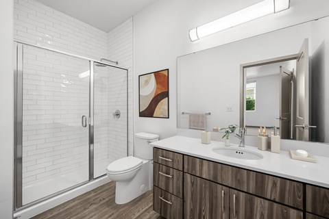 A bathroom with a white toilet, a sink, and a mirror.