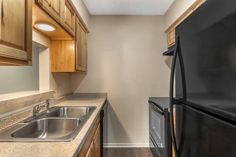 A black refrigerator sits next to a sink in a kitchen.