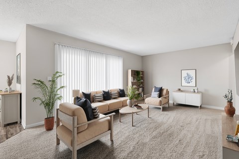 A living room with a beige sofa, a grey rug, and a white wall.