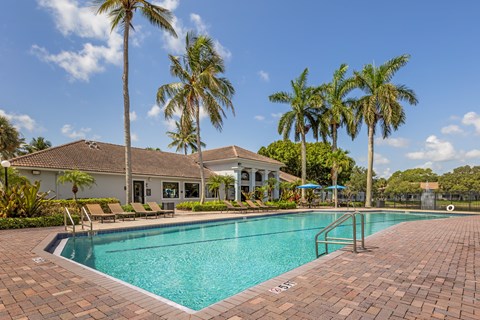 A swimming pool surrounded by palm trees and a house.