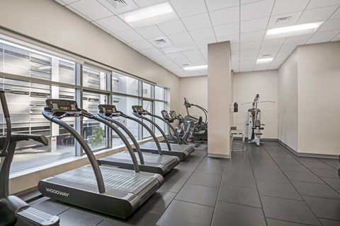 A gym with treadmills and a view of the outside.