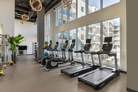 A gym with treadmills and exercise equipment.