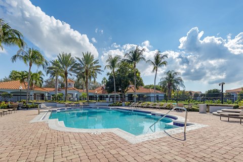 A pool surrounded by palm trees