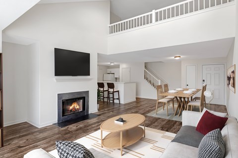 A modern living room with a fireplace and a television.