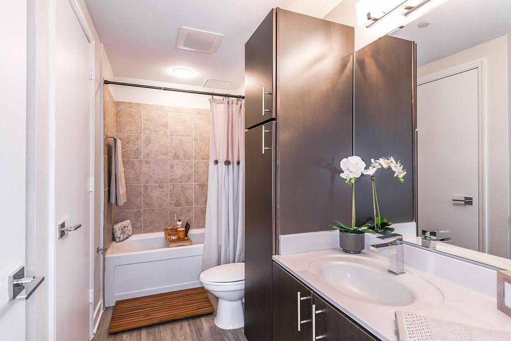 bathroom with espresso cabinets, white countertops and bath shower combo at Paramount on Lake Eola, Florida