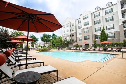 Swimming Pool with Lounge Seating at Emblem Alpharetta Apartments, Georgia, 30009