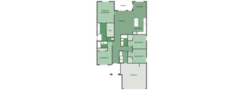 A floor plan of a house with a garage, two bedrooms, a living room, a kitchen, a dining area, a porch, and a primary bedroom.