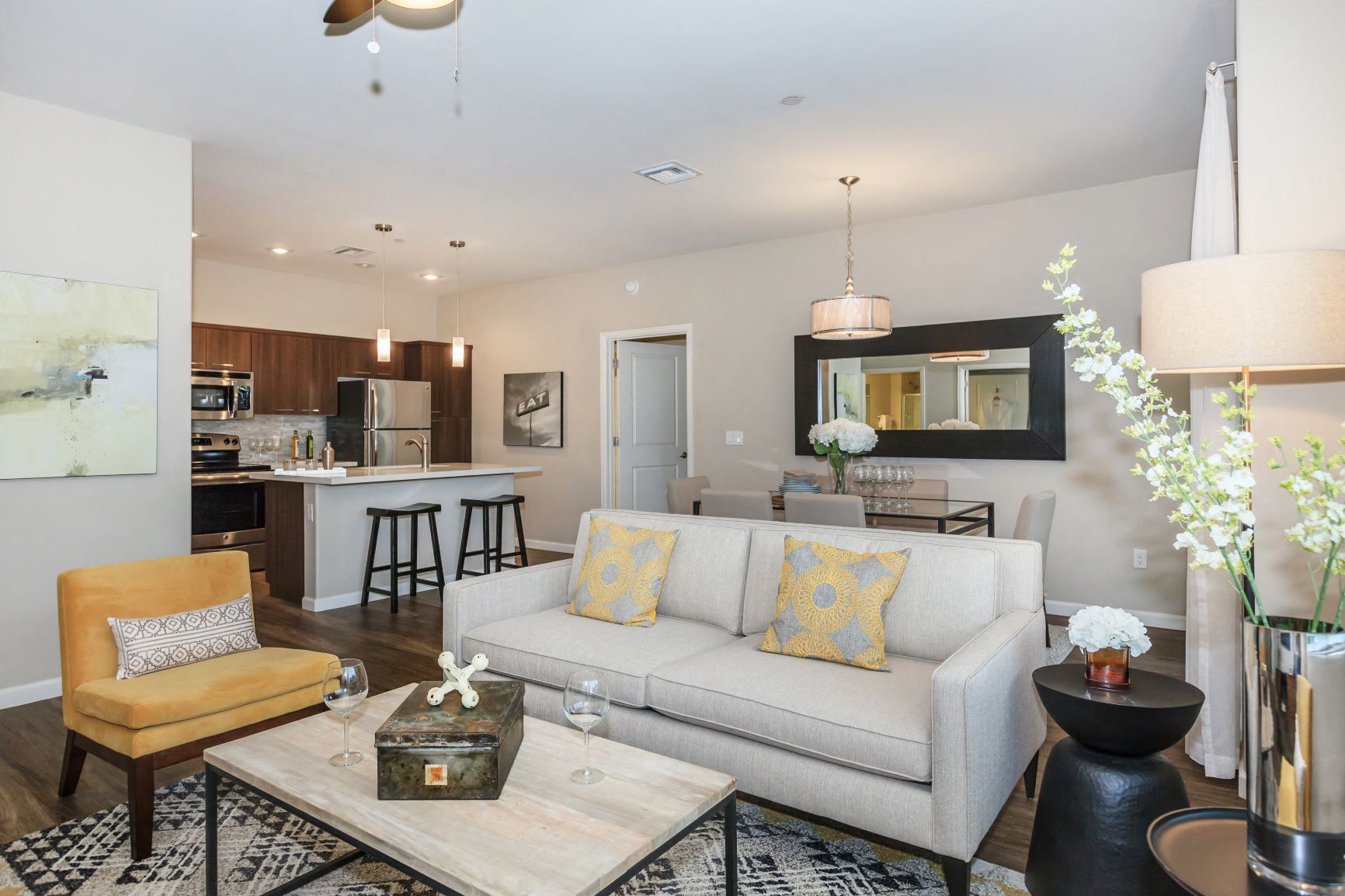 a living room with a couch and a table