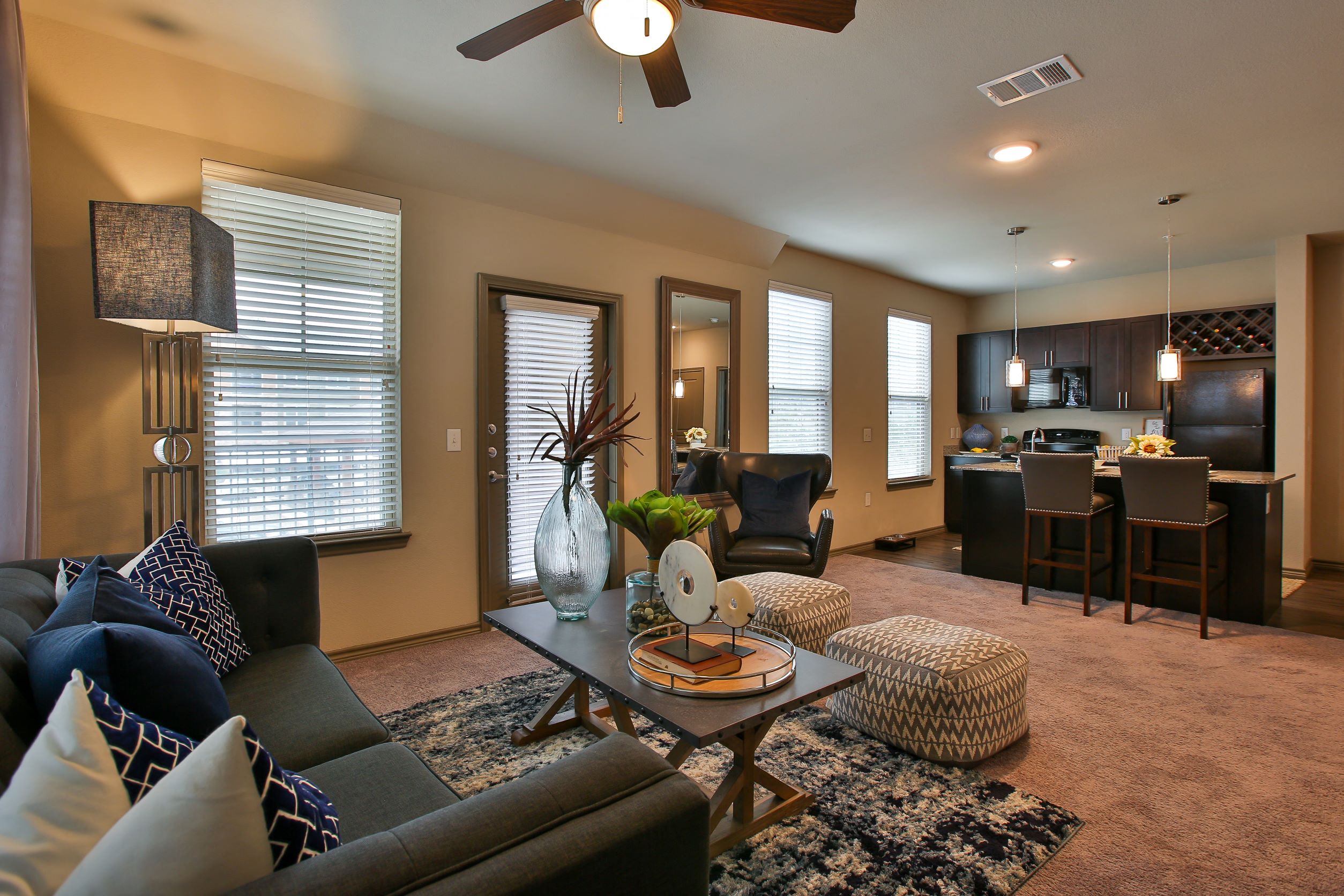 a living room with a couch and a table