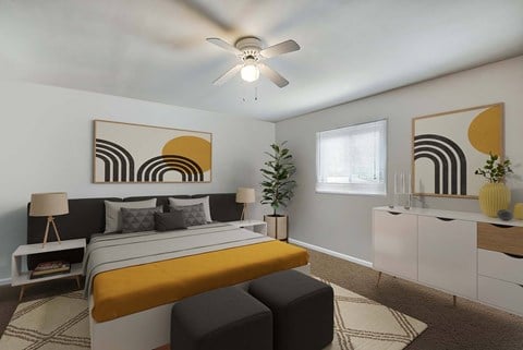 a bedroom with a bed and a ceiling fan at Randolph Park, Charlotte, 28211