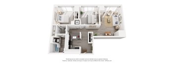 A 3D floor plan of a house with a kitchen, living room, and bedrooms.