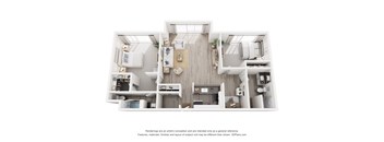A 3D floor plan of a house with a kitchen, living room, and two bedrooms.