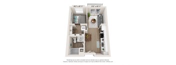 a 1 bedroom floor plan with a bathroom and a living roomat SoRoc On Maine, Rochester, MN 55904 