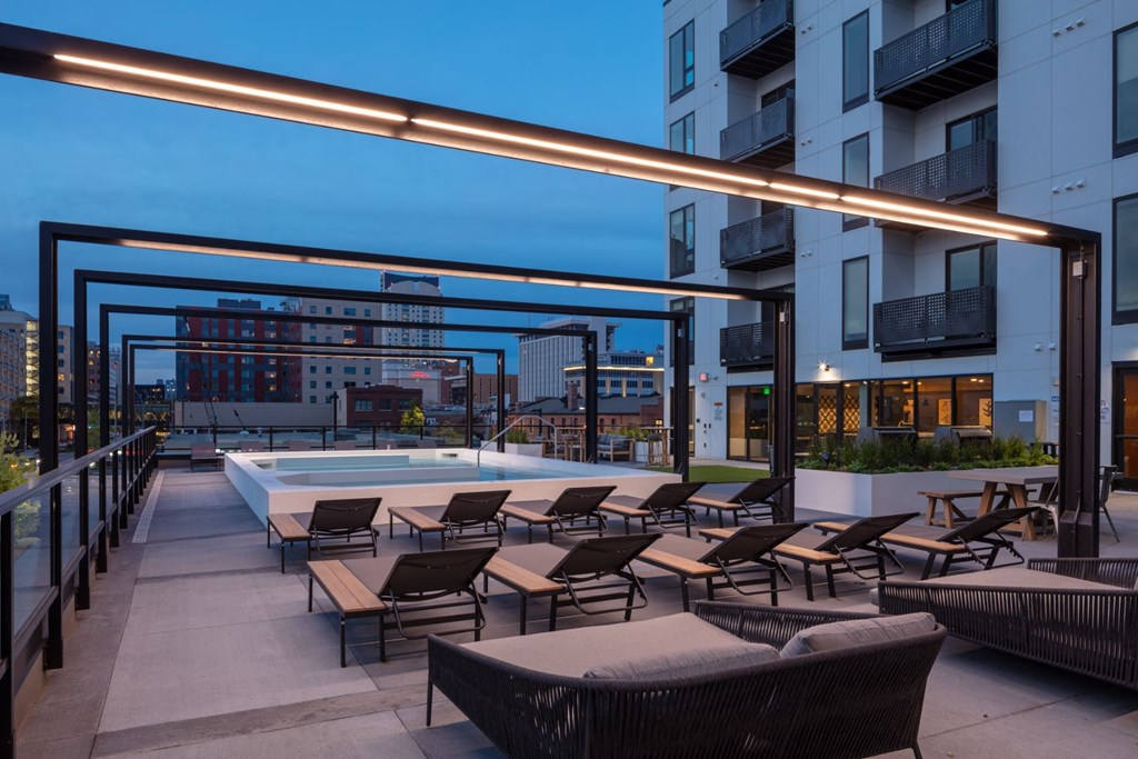 spa pool deck at dusk with a view at Maven on Broadway, Rochester, MN