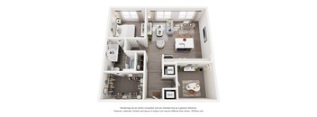 A 3D floor plan of a 1-bedroom apartment home with a kitchen, living room, den, and bathroom.