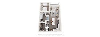 A 3D floor plan of a 1-bedroom apartment home with a kitchen, living room, and bathroom.