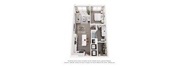 A 3D floor plan of a 1-bedroom apartment with a kitchen, living room, and bathroom.
