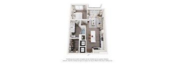 A 3D floor plan of a 1-bedroom apartment home with a kitchen, living room, and bathroom.