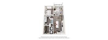 A 3D floor plan of a 1-bedroom apartment home with a kitchen, living room, and bathroom.