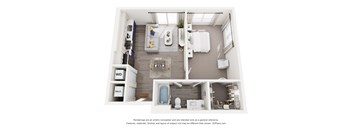 A 3D floor plan of a 1-bedroom apartment home with a kitchen, bathroom, and living room.
