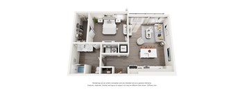 A 3D floor plan of a 1-bedroom apartment home with a kitchen, living room, and bathroom.