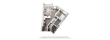 A 3D floor plan of a 1-bedroom apartment home with a kitchen, living room, and bathroom.