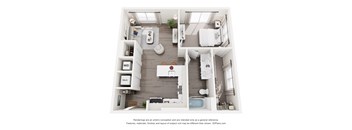 A 3D floor plan of a 1-bedroom apartment home with a kitchen, living room, and bathroom.