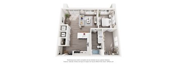 A 3D floor plan of a 1-bedroom apartment home with a kitchen, living room, and bathroom.