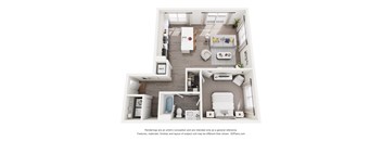 A 3D floor plan of a 1-bedroom apartment home with a kitchen, living room, and bathroom.