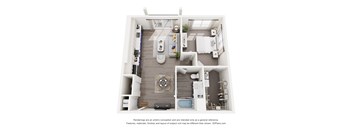A 3D floor plan of a 1-bedroom apartment home with a kitchen, living room, and bathroom.