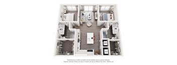 A 3D floor plan of a 2-bedroom apartment home with a kitchen and living room.