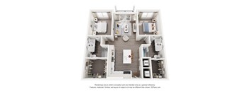 A 3D floor plan of a 2-bedroom apartment home with a kitchen and living room.