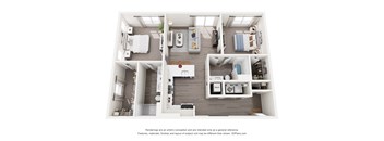 A 3D floor plan of a 2-bedroom apartment home with a kitchen, living room, and bathroom.