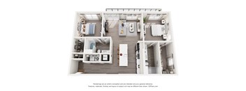 A 3D floor plan of a 2-bedroom apartment home with a kitchen and living space.