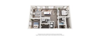 A 3D floor plan of a 2-bedroom apartment home with a kitchen, living room, and bathroom.