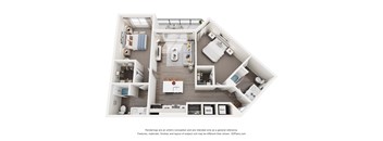 A 3D floor plan of a 2-bedroom apartment home with a kitchen, living room, and bathroom.