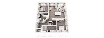 A 3D floor plan of a 2-bedroom apartment home with a kitchen, living room, and bathroom.