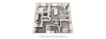 A 3D floor plan of a 2-bedroom apartment home with a kitchen and living room