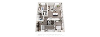 A 3D floor plan of a 2-bedroom apartment home with a kitchen, living room, and bathroom.
