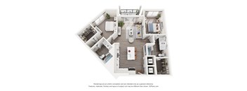A 3D floor plan of a 2-bedroom apartment home with a kitchen and living room