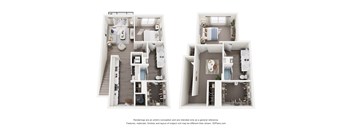 A 3D floor plan of a 2-bedroom townhouse apartment home