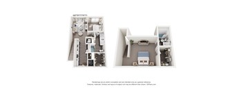 a 3D floor plan of a 2-bedroom townhouse with a kitchen, living room, and bathrooms.