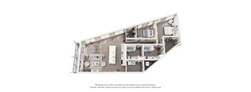 A 3D floor plan of a 2-bedroom apartment home with a kitchen and living room.