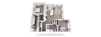 A 3D floor plan of a 2-bedroom apartment home with a kitchen, living room, and bathroom.