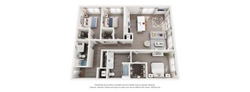 A 3D floor plan of a 3-bedroom apartment home.